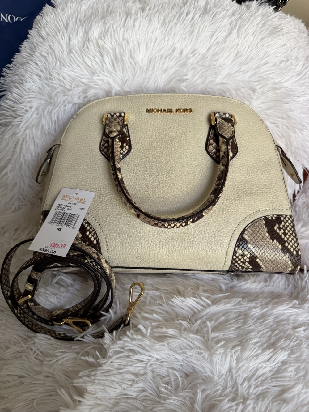 NWT Michael Kors Hattie Large Bowling Satchel Bag Ecru Snakeskin Trim